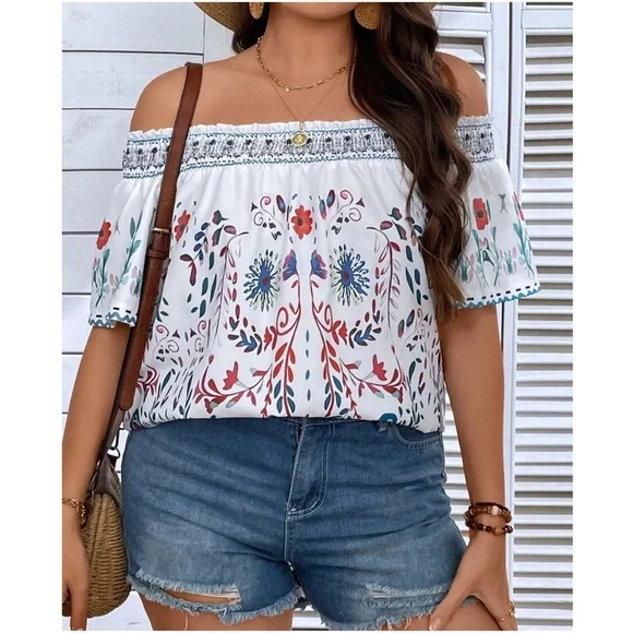 Plus Floral Print Off Shoulder Cottagecore Blouse - Picture 8 of 11